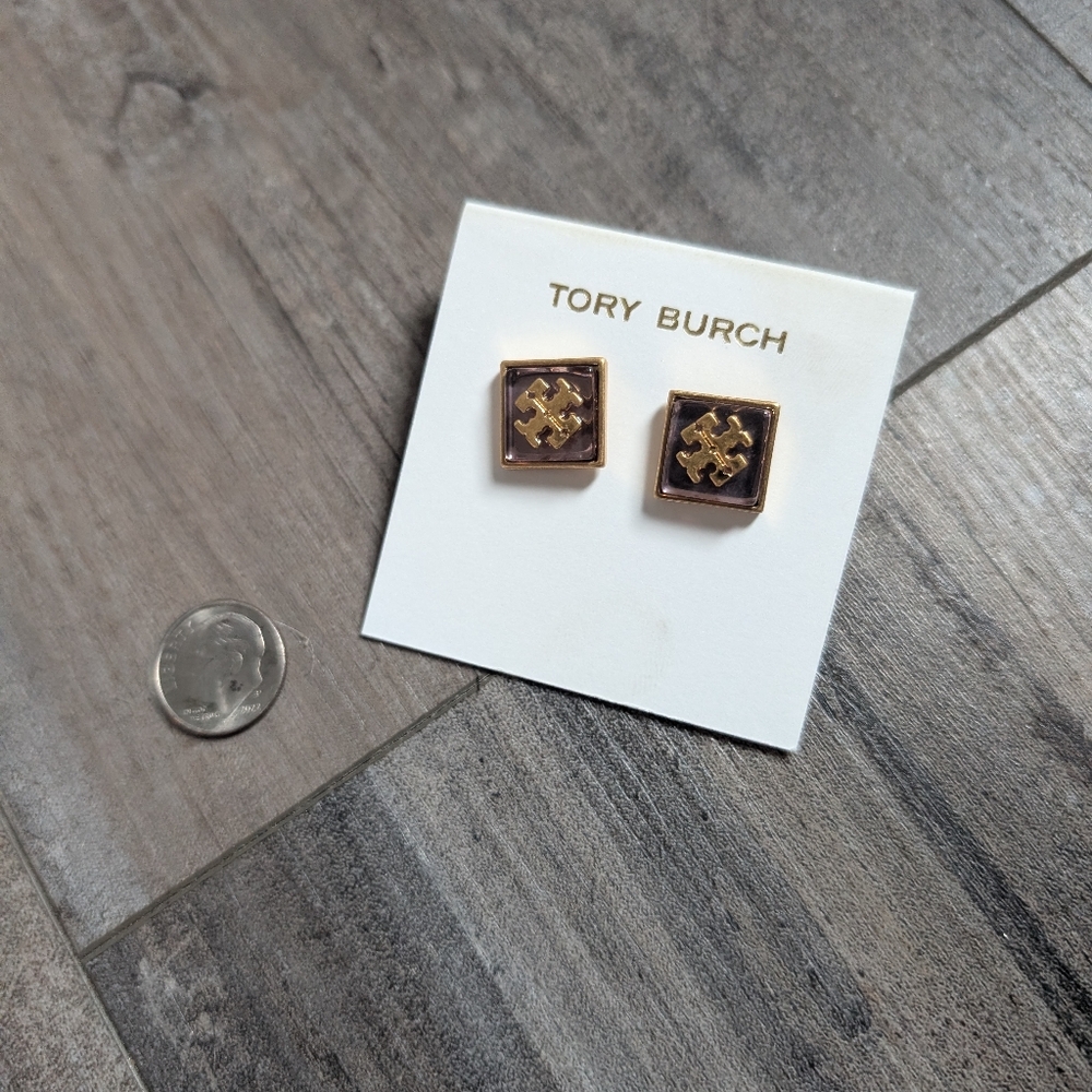 NEW TORY BURCH Resin Logo Stud Earrings Gold and Purple MSRP: $128 - Picture 4 of 4